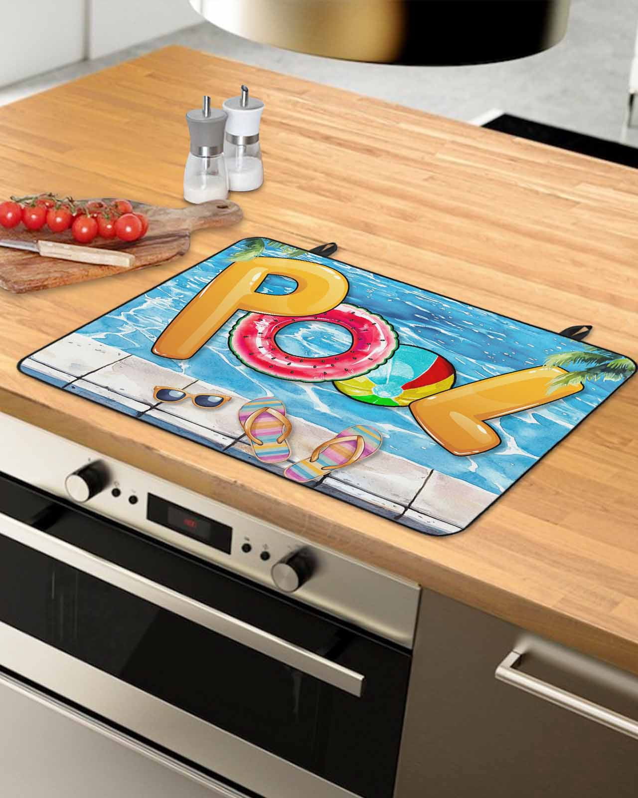 nqOlkjepod Large Induction Cooktop Protector Mat 31"x24", Blue Summer Pool Stove Top Covers for Electric Stove, Watermelon Swimming Ring Slippers Stove Burner Cover Mats, Glass Top Stove Cover