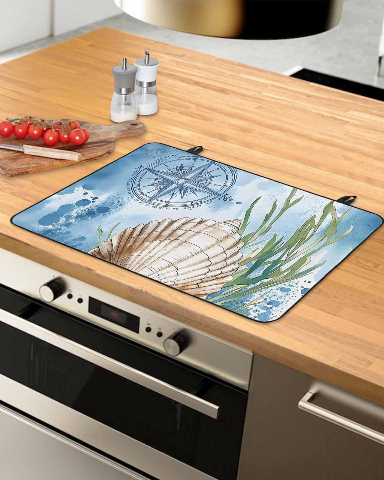 nqOlkjepod Large Induction Cooktop Protector Mat 31"x24", Coastal Nautical Stove Top Covers for Electric Stove, Summer Ocean Shell Seaweed Decorative Stove Burner Cover Mats, Glass Top Stove Cover