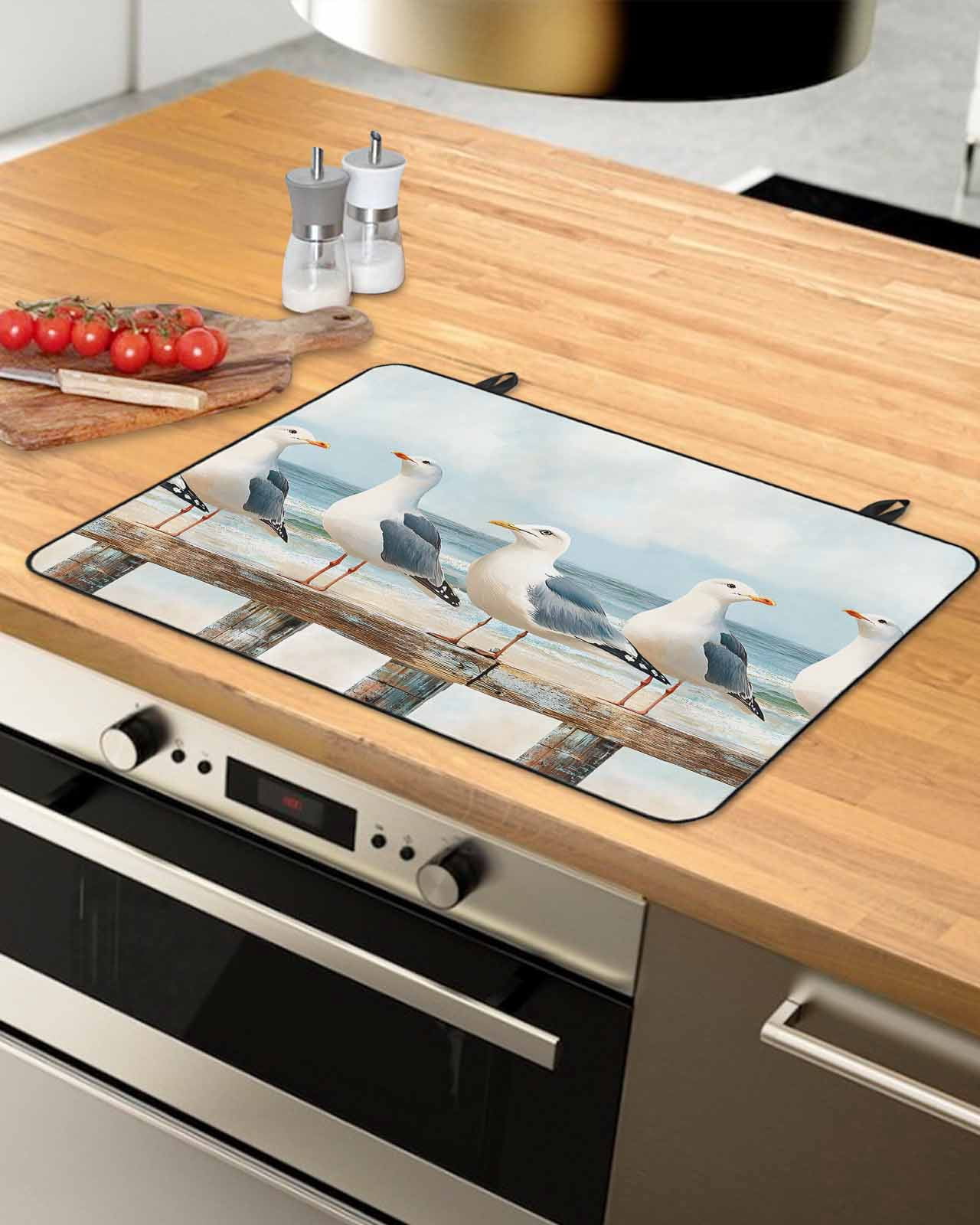 nqOlkjepod Large Induction Cooktop Protector Mat 31"x24", Coastal Seagull Stove Top Covers for Electric Stove, Summer Beach Ocean Bird Watercolor Stove Burner Cover Mats, Glass Top Stove Cover