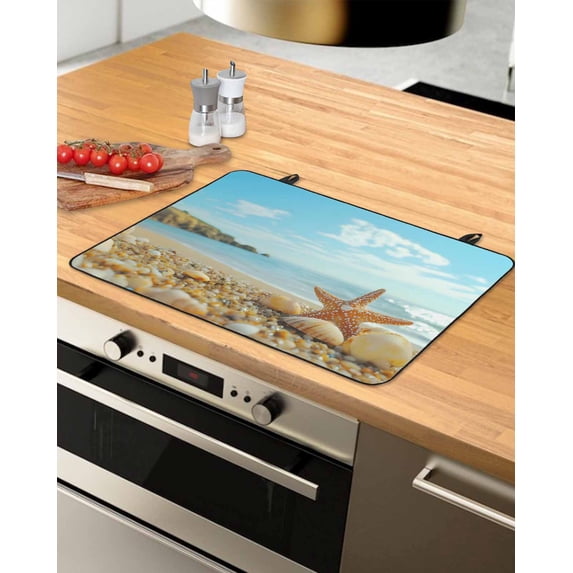 nqOlkjepod Large Induction Cooktop Protector Mat 31"x24", Coastal Starfish Stove Top Covers for Electric Stove, Modern Ocean Beach Conch Seashells Stove Burner Cover Mats, Glass Top Stove Cover