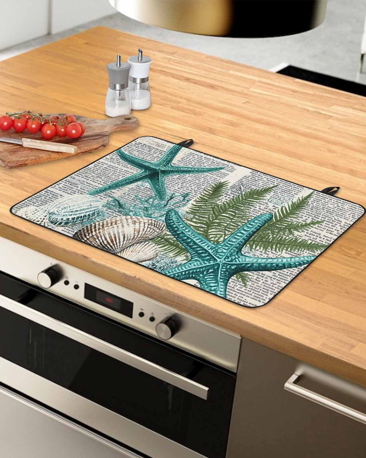 nqOlkjepod Large Induction Cooktop Protector Mat 31"x24", Coastal Teal Starfish Stove Top Covers for Electric Stove, Summer Ocean Beach Shell Pine Leaf Stove Burner Cover Mats, Glass Top Stove Cover