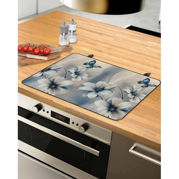 nqOlkjepod Large Induction Cooktop Protector Mat 31"x24", Elegant Floral Stove Top Covers for Electric Stove, Modern Blue Butterfly Flowers Burlap Stove Burner Cover Mats, Glass Top Stove Cover