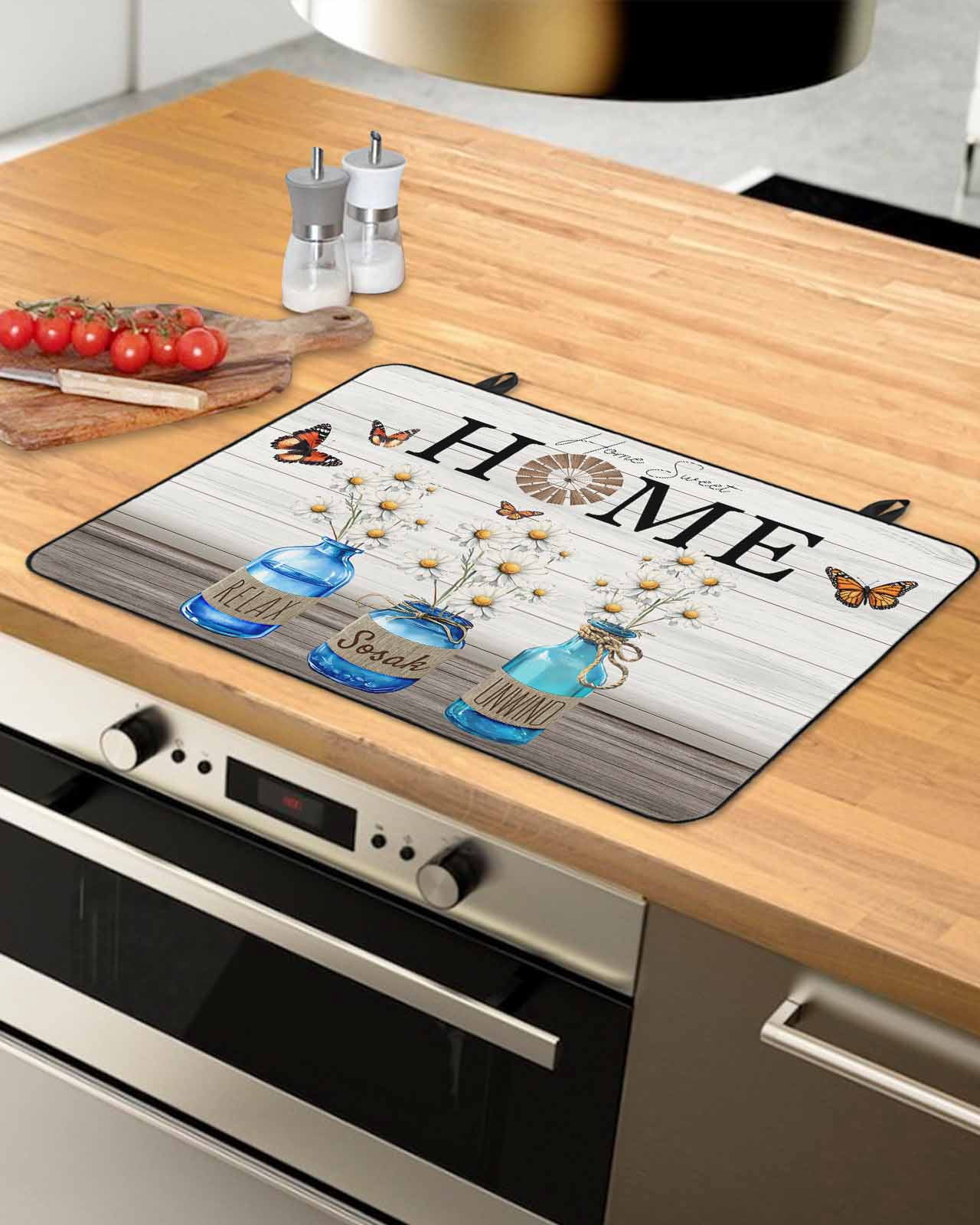 nqOlkjepod Large Induction Cooktop Protector Mat 31"x24", Farmhouse Daisy Stove Top Covers for Electric Stove, Blue Bottle Flower Vintage Butterfly Stove Burner Cover Mats, Glass Top Stove Cover