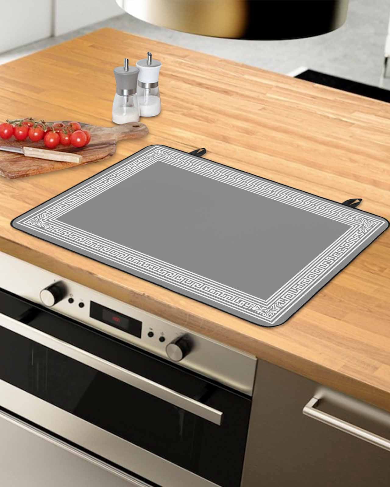 nqOlkjepod Large Induction Cooktop Protector Mat 31"x24", Grey White Geometric Stove Top Covers for Electric Stove, Country Greece Key Art Decorative Stove Burner Cover Mats, Glass Top Stove Cover
