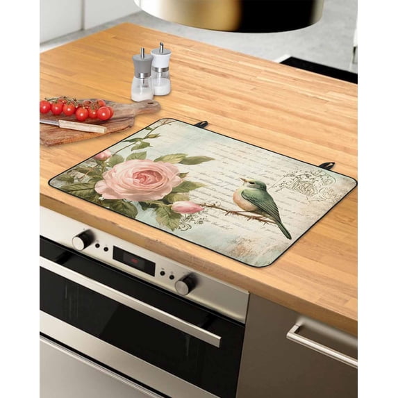 nqOlkjepod Large Induction Cooktop Protector Mat 31"x24", Pink Floral Stove Top Covers for Electric Stove, Bird Branch Vintage Mottled Middle Century Stove Burner Cover Mats, Glass Top Stove Cover