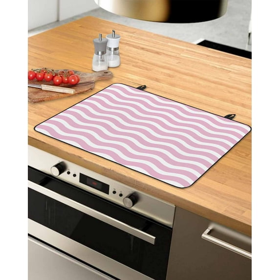 nqOlkjepod Large Induction Cooktop Protector Mat 31"x24", Pink White Stove Top Covers for Electric Stove, Modern Abstract Waves Water Ripple Striped Stove Burner Cover Mats, Glass Top Stove Cover