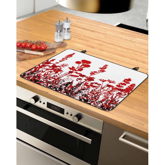nqOlkjepod Large Induction Cooktop Protector Mat 31"x24", Red Flowers Stove Top Covers for Electric Stove, Rustic Spring Wild Floral Herbs Plants Stove Burner Cover Mats, Glass Top Stove Cover