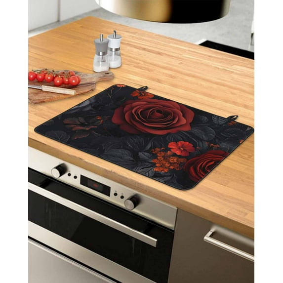 nqOlkjepod Large Induction Cooktop Protector Mat 31"x24", Red Orange Roses Stove Top Covers for Electric Stove, Elegant Romantic Flowers Pastoral Stove Burner Cover Mats, Glass Top Stove Cover
