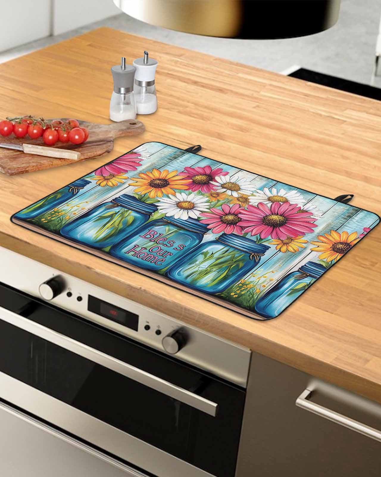 nqOlkjepod Large Induction Cooktop Protector Mat 31"x24", Red White Daisy Stove Top Covers for Electric Stove, Vintage Bottle Teal Wooden Grain Stove Burner Cover Mats, Glass Top Stove Cover