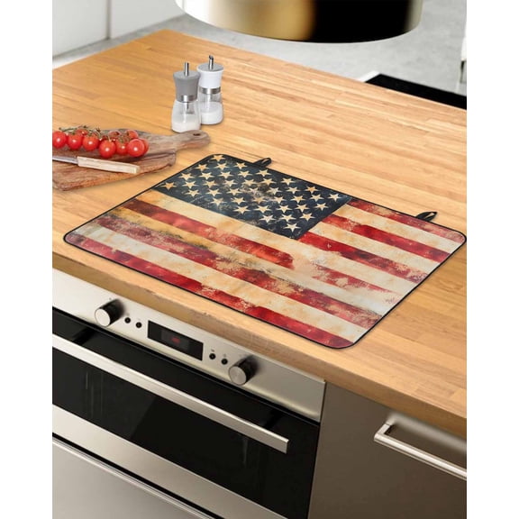 nqOlkjepod Large Induction Cooktop Protector Mat 31"x24", Retro American Flag Stove Top Covers for Electric Stove, Vintage Red Strip Star US Flag Stove Burner Cover Mats, Glass Top Stove Cover