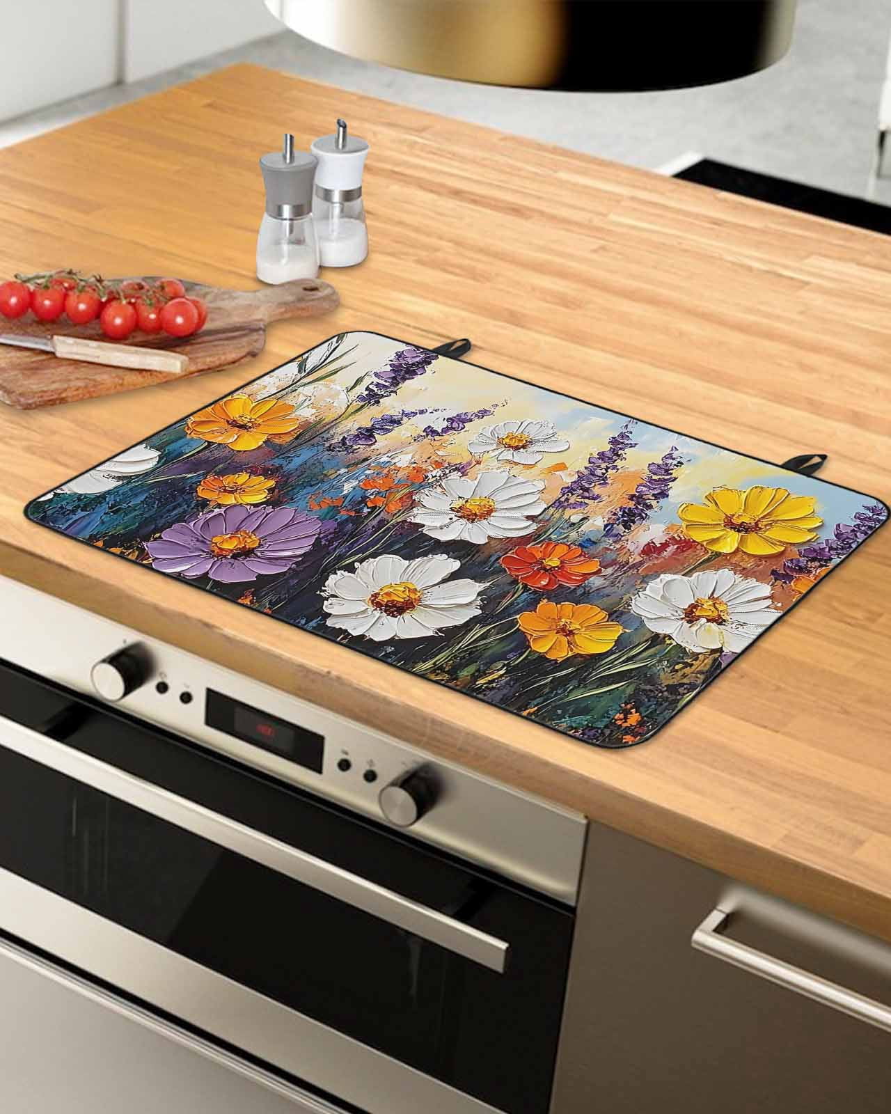 nqOlkjepod Large Induction Cooktop Protector Mat 31"x24", Retro Botanical Stove Top Covers for Electric Stove, Modern Oil Painting Floral Farmhouse Stove Burner Cover Mats, Glass Top Stove Cover