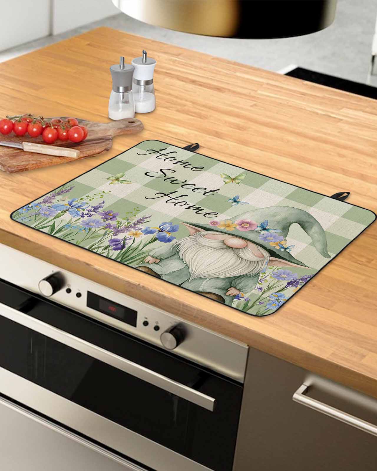 nqOlkjepod Large Induction Cooktop Protector Mat 31"x24", Rustic Gnome Stove Top Covers for Electric Stove, Spring Flowers Butterfly Green Check Stove Burner Cover Mats, Glass Top Stove Cover