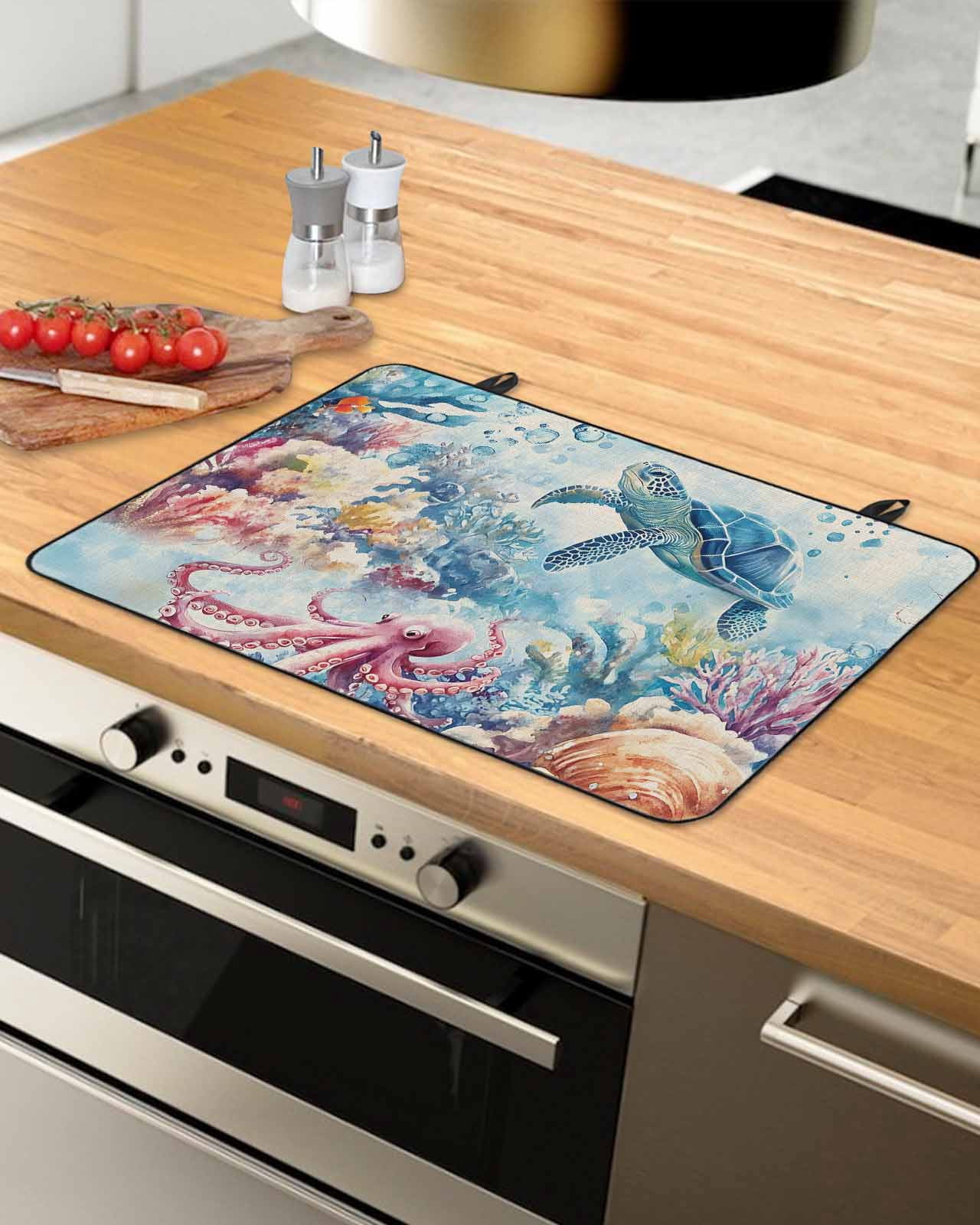 nqOlkjepod Large Induction Cooktop Protector Mat 31"x24", Sea Turtle Octopus Stove Top Covers for Electric Stove, Coastal Coral Summer Ocean Beige Stove Burner Cover Mats, Glass Top Stove Cover