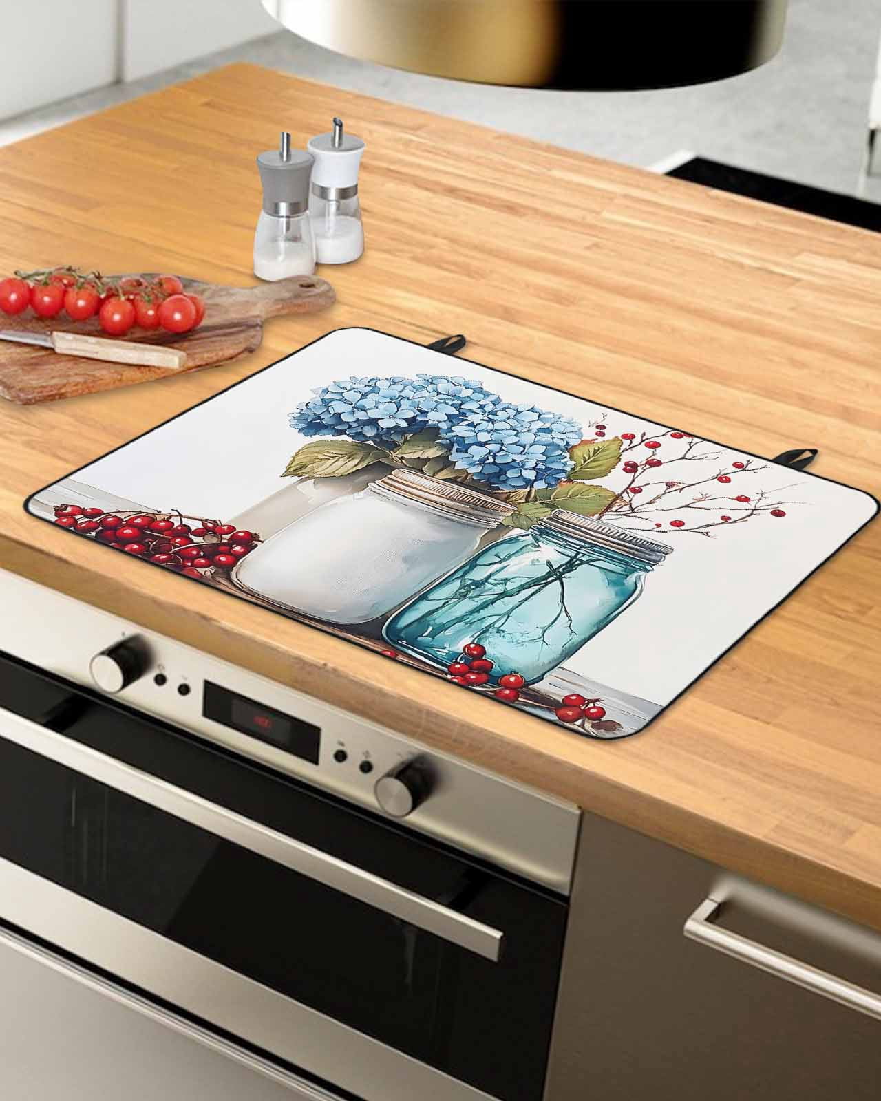 nqOlkjepod Large Induction Cooktop Protector Mat 31"x24", Spring Botanical Stove Top Covers for Electric Stove, Blue Floral Vase Watercolor Decorative Stove Burner Cover Mats, Glass Top Stove Cover