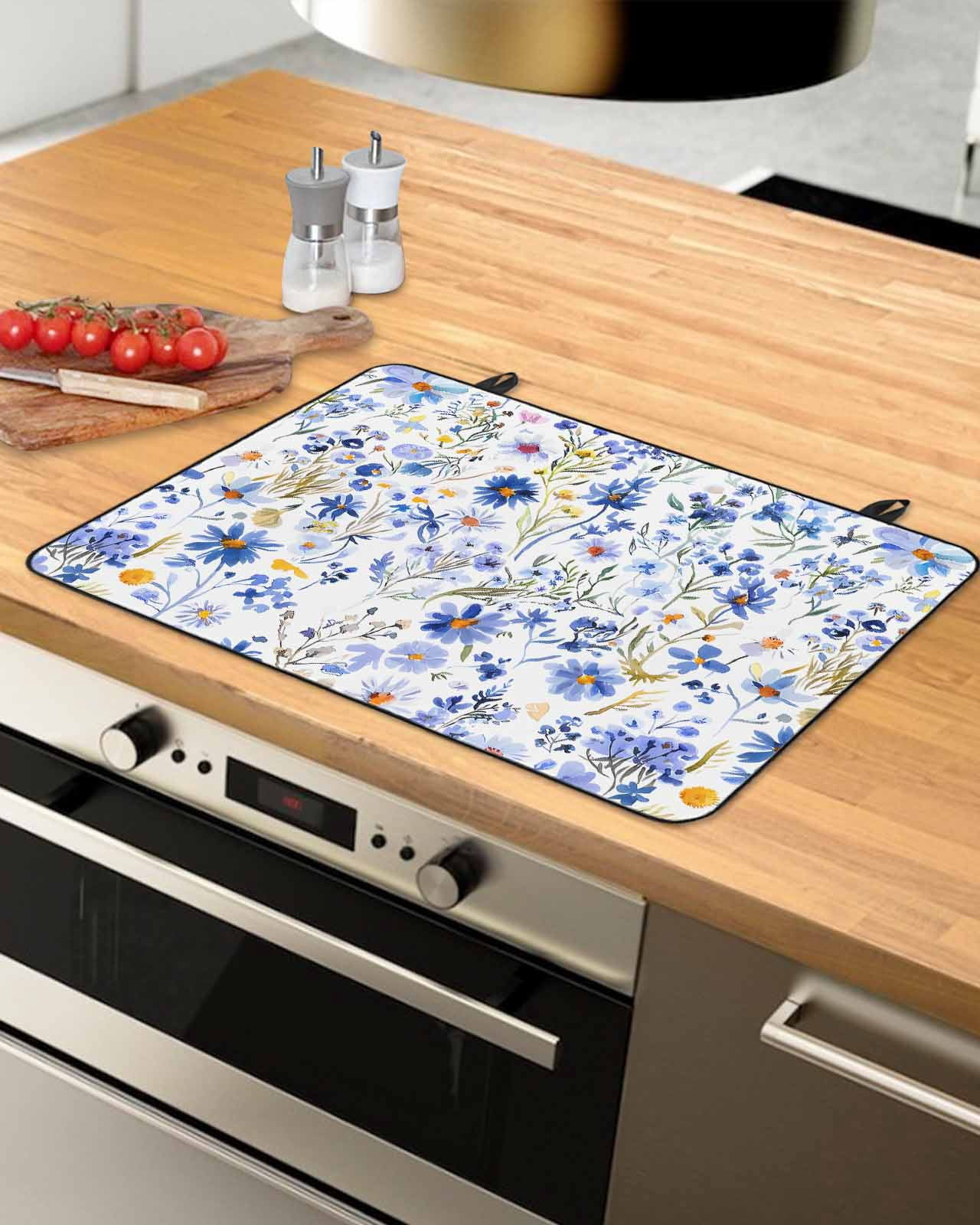nqOlkjepod Large Induction Cooktop Protector Mat 31"x24", Spring Floral Stove Top Covers for Electric Stove, Blue Flowers Farm Pastoral Wildflowers Stove Burner Cover Mats, Glass Top Stove Cover