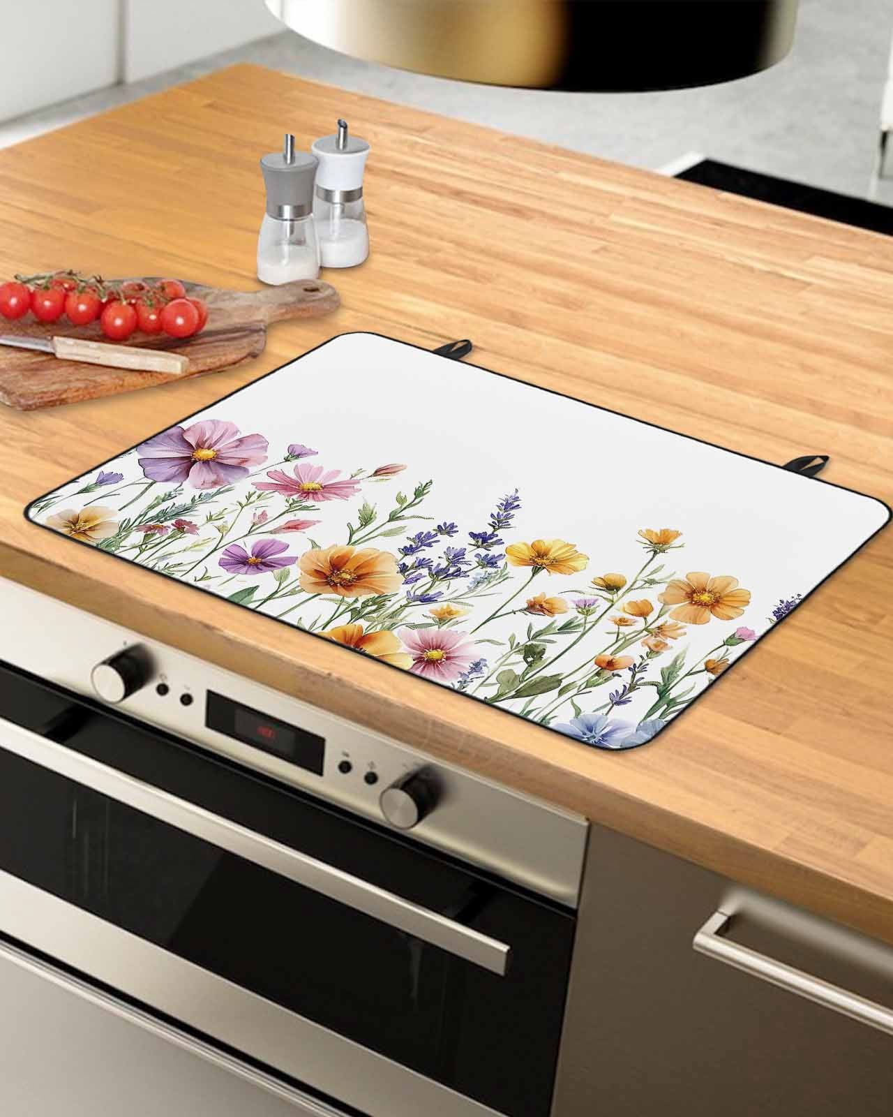 nqOlkjepod Large Induction Cooktop Protector Mat 31"x24", Spring Floral Stove Top Covers for Electric Stove, Yellow Purple Flowers Farmhouse Decorative Stove Burner Cover Mats, Glass Top Stove Cover