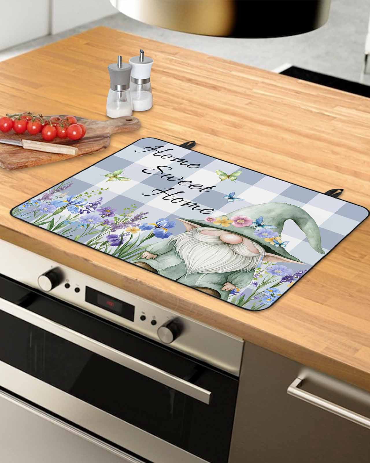 nqOlkjepod Large Induction Cooktop Protector Mat 31"x24", Spring Gnomes Stove Top Covers for Electric Stove, Botanical Flowers Purple Buffalo Plaid Stove Burner Cover Mats, Glass Top Stove Cover
