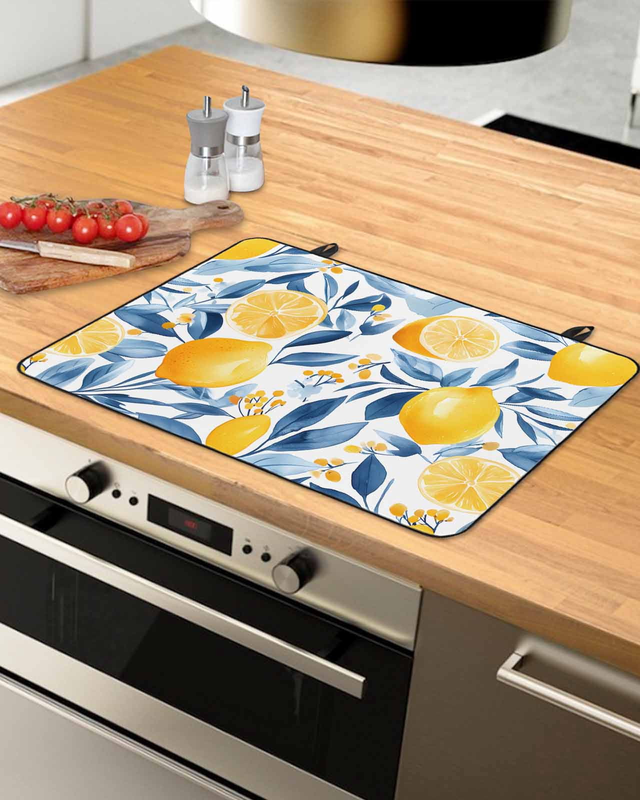 nqOlkjepod Large Induction Cooktop Protector Mat 31"x24", Summer Lemon Stove Top Covers for Electric Stove, Spring Pastoral Watercolor Fruit Blue Yellow Stove Burner Cover Mats Stove Cover