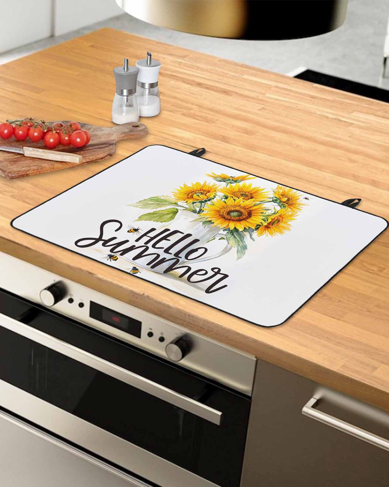 nqOlkjepod Large Induction Cooktop Protector Mat 31"x24", Summer Sunflower Stove Top Covers for Electric Stove, Watercolor Yellow Floral White Bottle Stove Burner Cover Mats, Glass Top Stove Cover