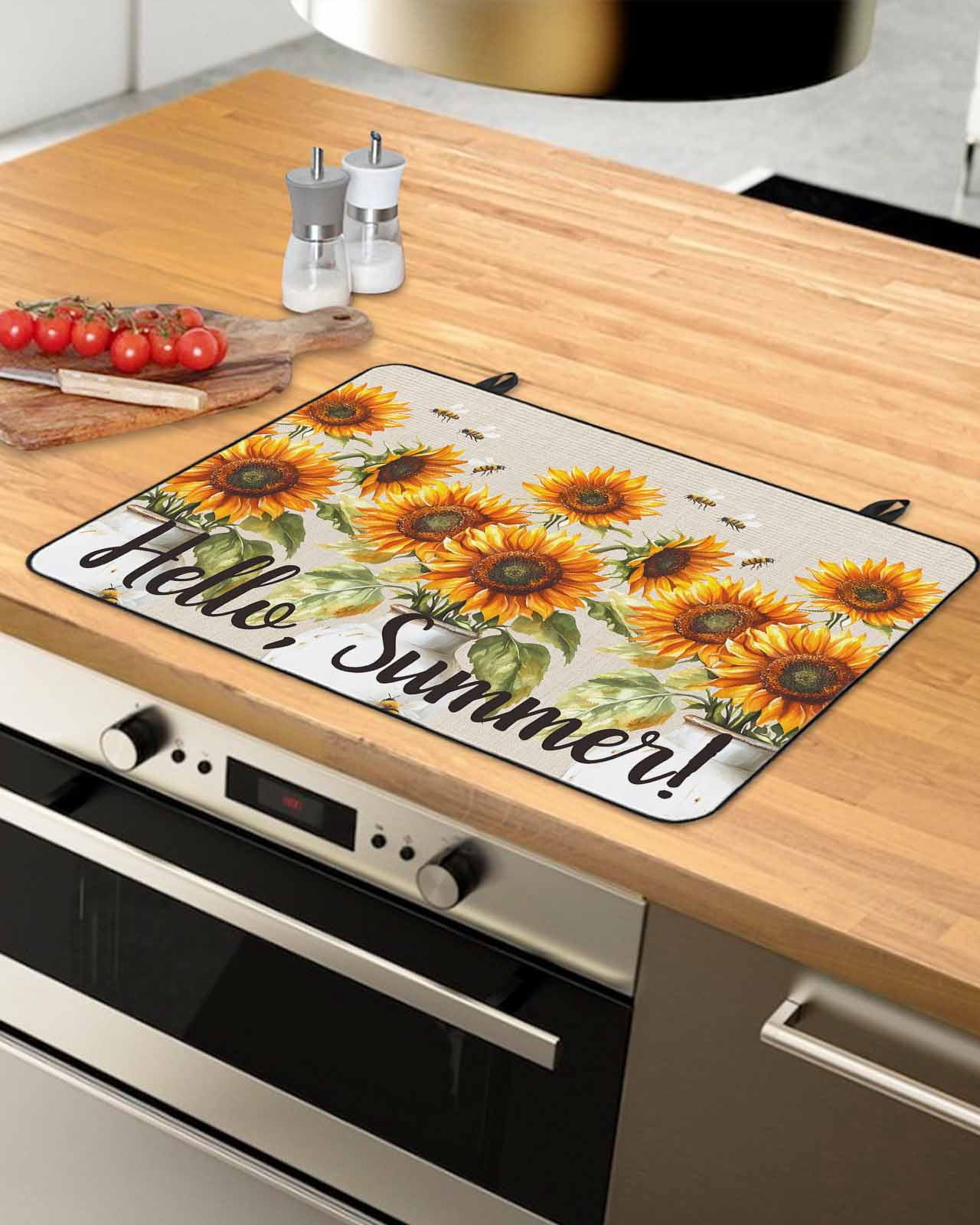 nqOlkjepod Large Induction Cooktop Protector Mat 31"x24", Sunflower Stove Top Covers for Electric Stove, White Bottle Yellow Floral Farm Summer Bee Stove Burner Cover Mats, Glass Top Stove Cover