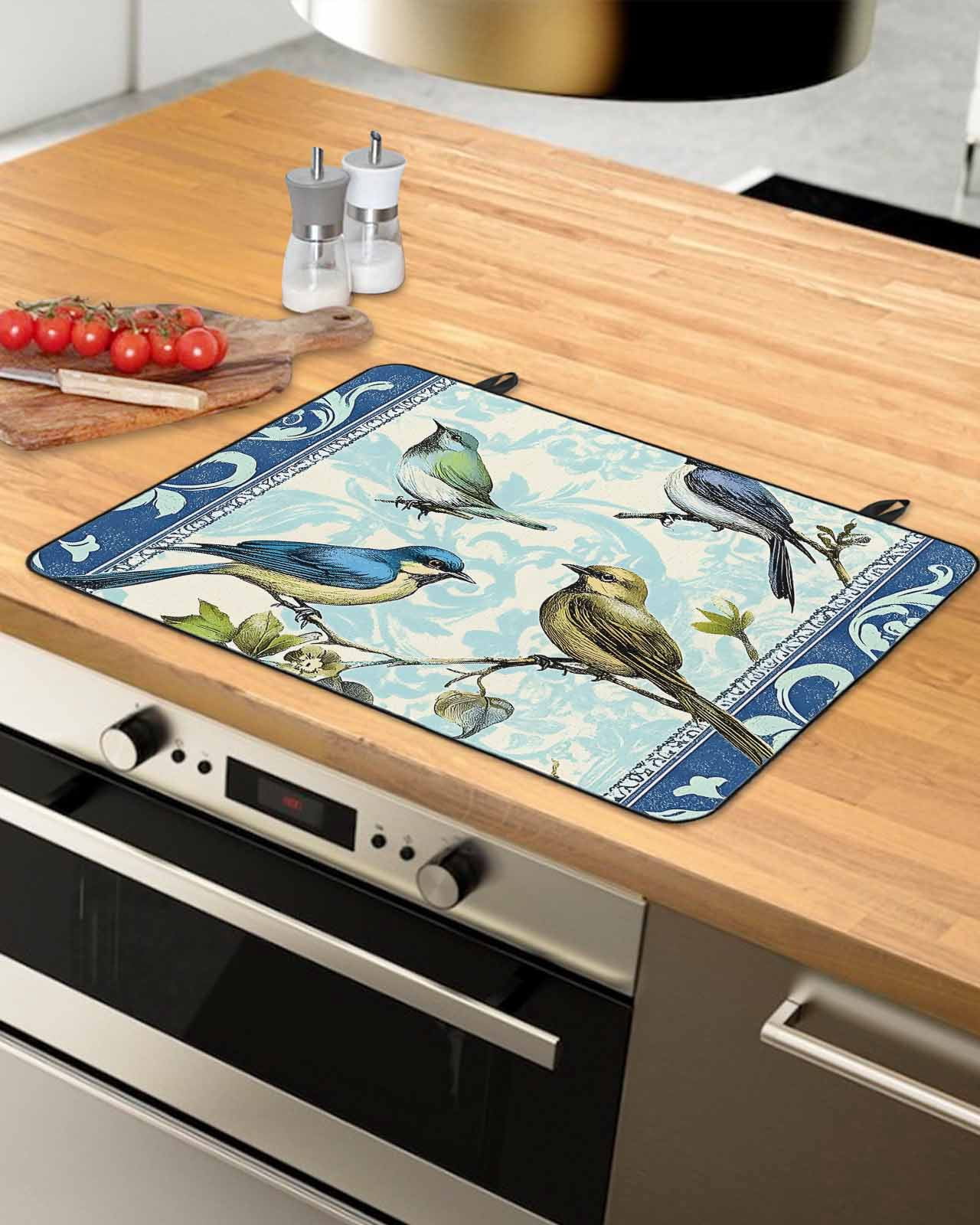 nqOlkjepod Large Induction Cooktop Protector Mat 31"x24", Vintage Birds Branches Stove Top Covers for Electric Stove, Retro Floral Pattern Decorative Stove Burner Cover Mats, Glass Top Stove Cover