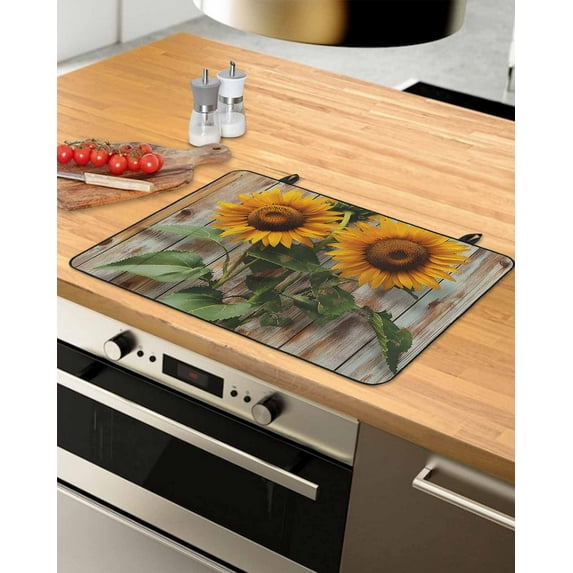 nqOlkjepod Large Induction Cooktop Protector Mat 31"x24", Vintage Wood Sunflower Stove Top Covers for Electric Stove, Farmhouse Retro Flowers Stove Burner Cover Mats, Glass Top Stove Cover