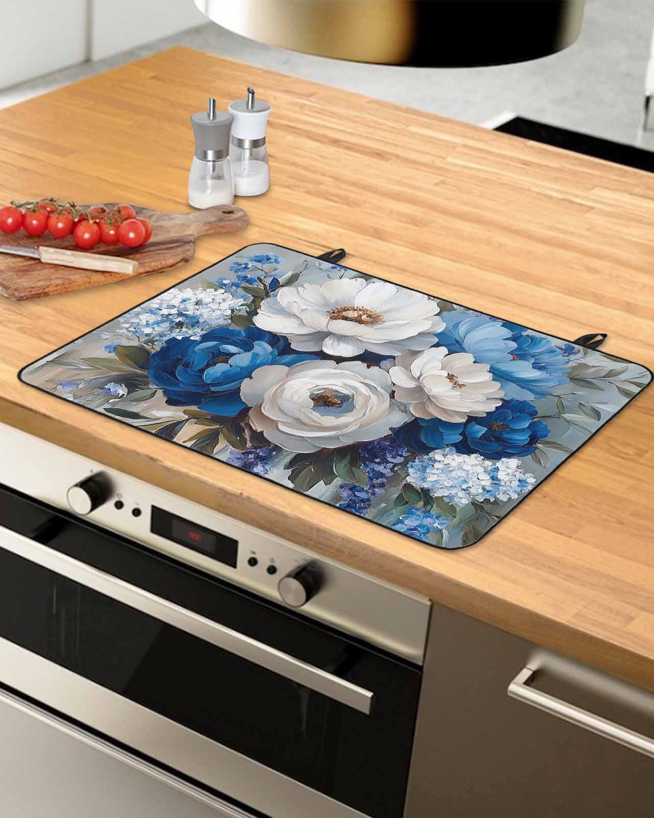 nqOlkjepod Large Induction Cooktop Protector Mat 31"x24", White Blue Spring Floral Stove Top Covers for Electric Stove, Vintage Flowers Farmhouse Stove Burner Cover Mats, Glass Top Stove Cover