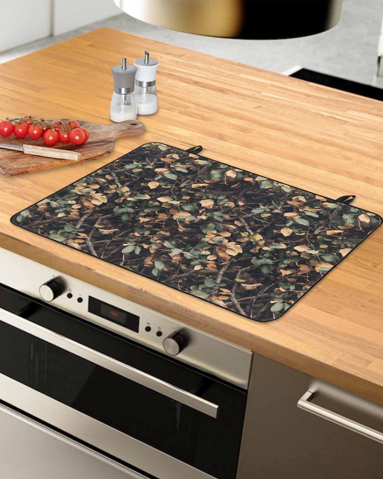 nqOlkjepod Large Induction Cooktop Protector Mat 31"x24", Withered Leaves Retro Stove Top Covers for Electric Stove, Green Yellow Botanical Decorative Stove Burner Cover Mats, Glass Top Stove Cover