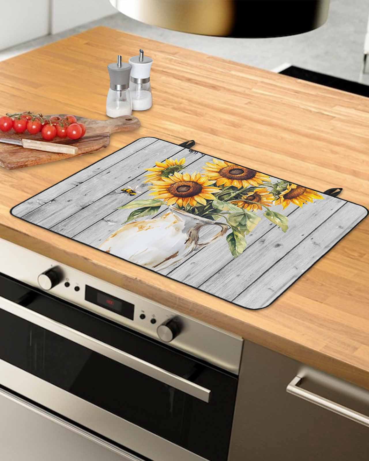 nqOlkjepod Large Induction Cooktop Protector Mat 31"x24", Yellow Sunflower Stove Top Covers for Electric Stove, Country Floral Grey Barn Wood Grain Stove Burner Cover Mats, Glass Top Stove Cover