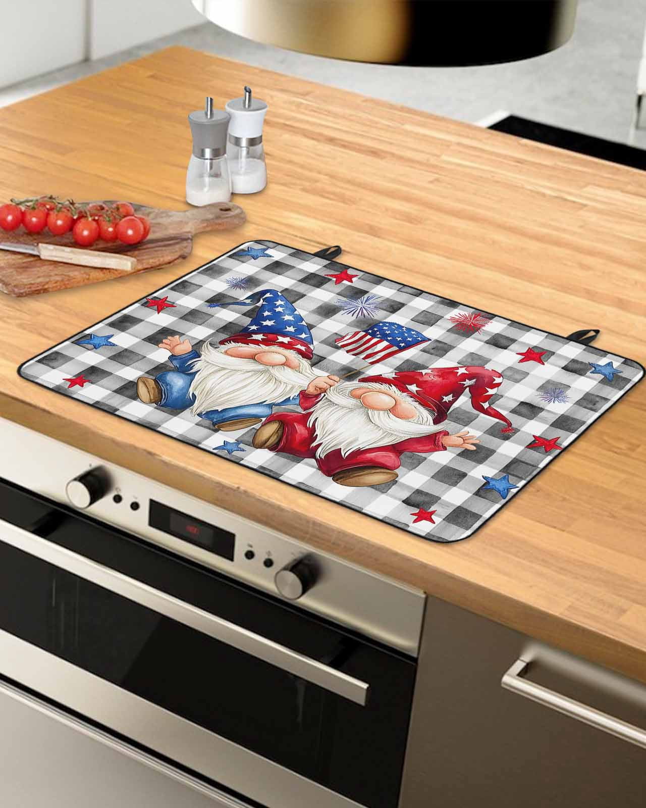 nqOlkjepod Large Induction Cooktop Protector Mat 36"x21", 4th of July Gnomes Stove Top Covers for Electric Stove, Star Independence Day Black Plaid Stove Burner Cover Mats, Glass Top Stove Cover