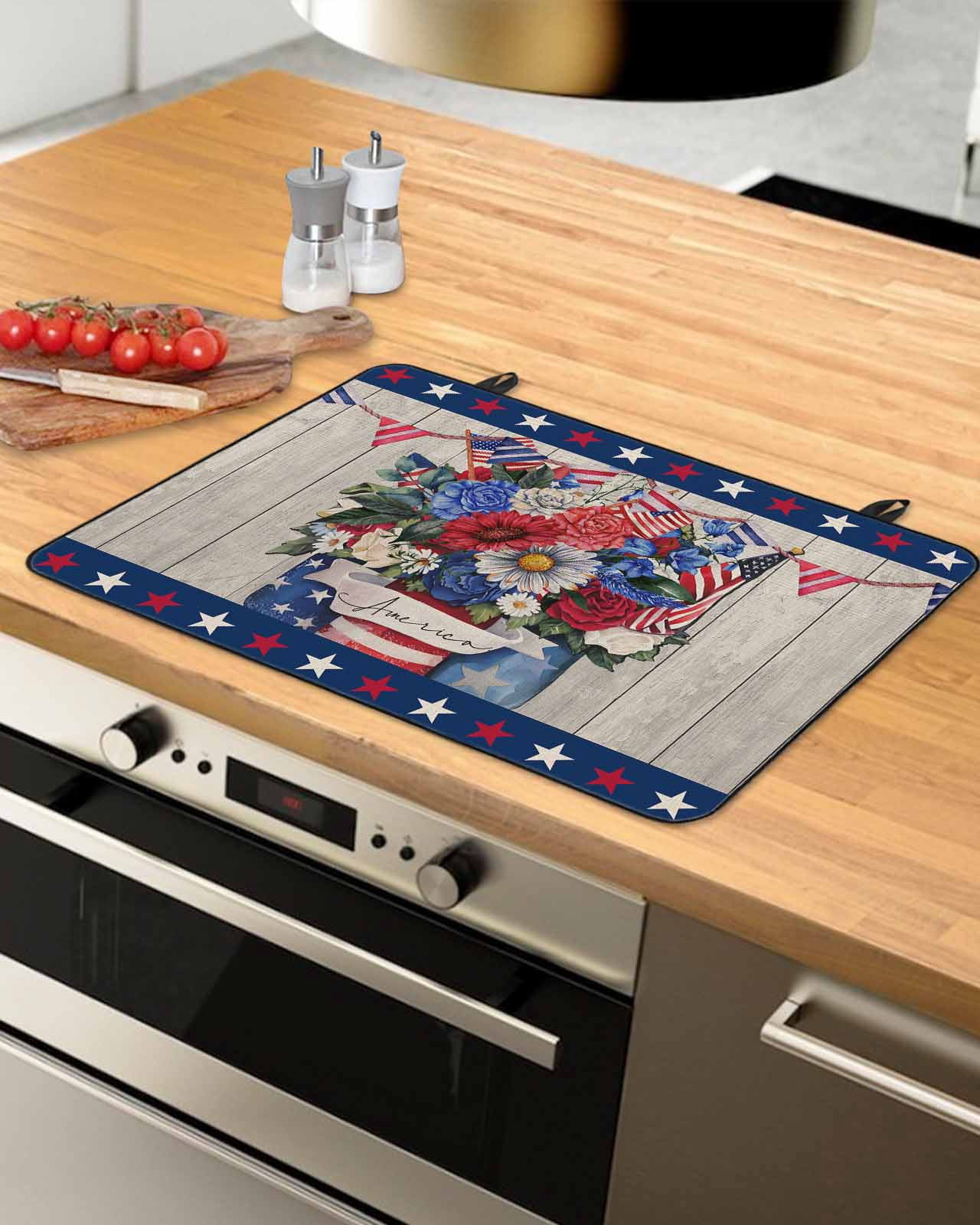 nqOlkjepod Large Induction Cooktop Protector Mat 36"x21", 4th of July Stove Top Covers for Electric Stove, Blue Red Floral Vintage Independence Day Stove Burner Cover Mats, Glass Top Stove Cover