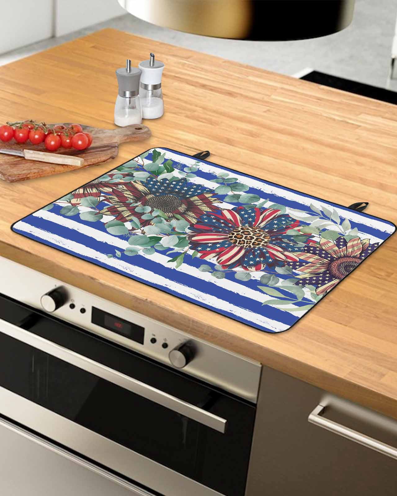 nqOlkjepod Large Induction Cooktop Protector Mat 36"x21", 4th of July Stove Top Covers for Electric Stove, Independence Day Star Botanical Blue Striped Stove Burner Cover Mats, Glass Top Stove Cover