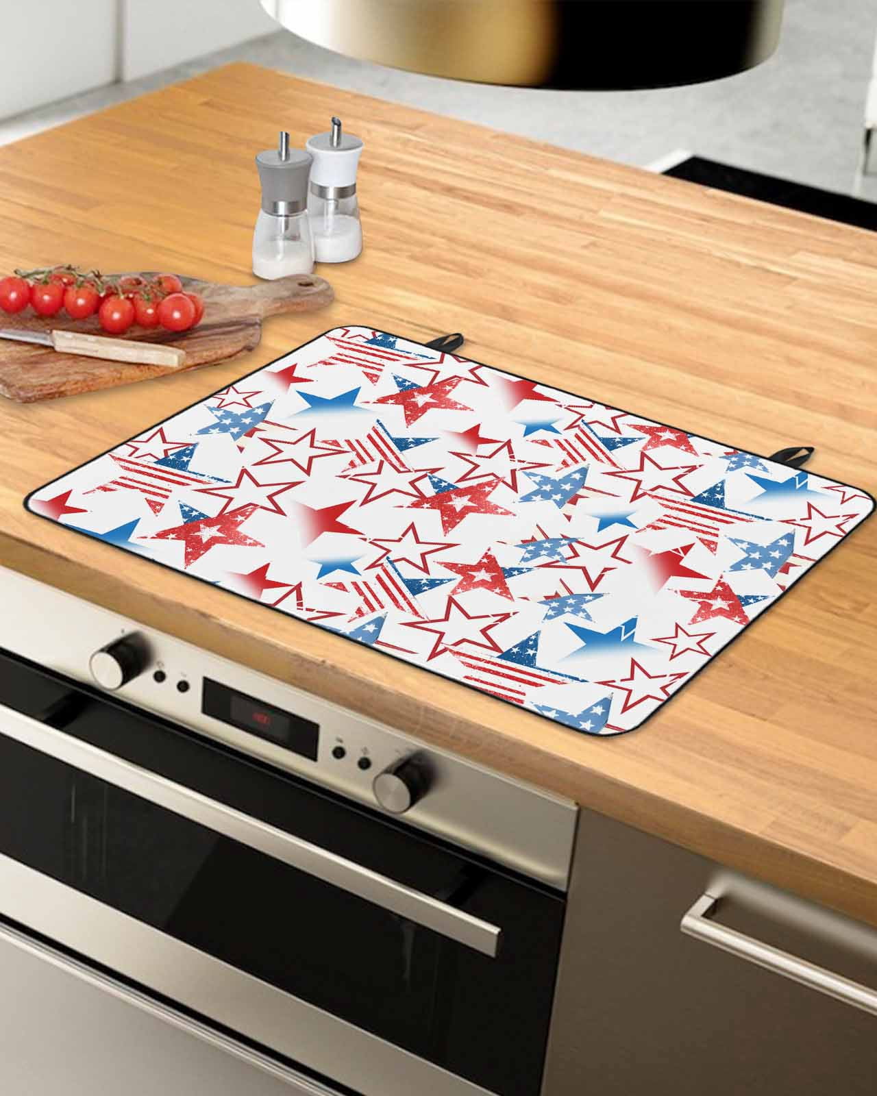 nqOlkjepod Large Induction Cooktop Protector Mat 36"x21", 4th of July Stove Top Covers for Electric Stove, Navy Blue Red Star Independence Day Stove Burner Cover Mats, Glass Top Stove Cover