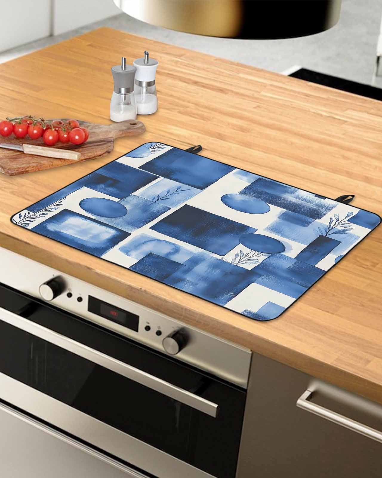 nqOlkjepod Large Induction Cooktop Protector Mat 36"x21", Abstract Blue Stove Top Covers for Electric Stove, Geometric Leaves Modern Minimalist Stove Burner Cover Mats, Glass Top Stove Cover