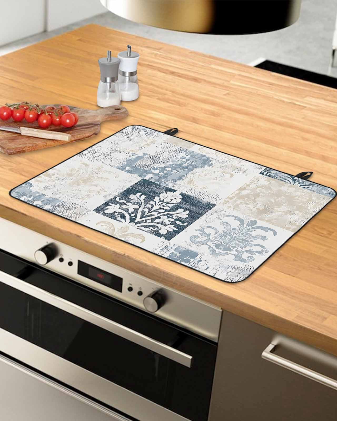 nqOlkjepod Large Induction Cooktop Protector Mat 36"x21", Abstract Floral Check Stove Top Covers for Electric Stove, Vintage Checkered Flowers Stove Burner Cover Mats, Glass Top Stove Cover