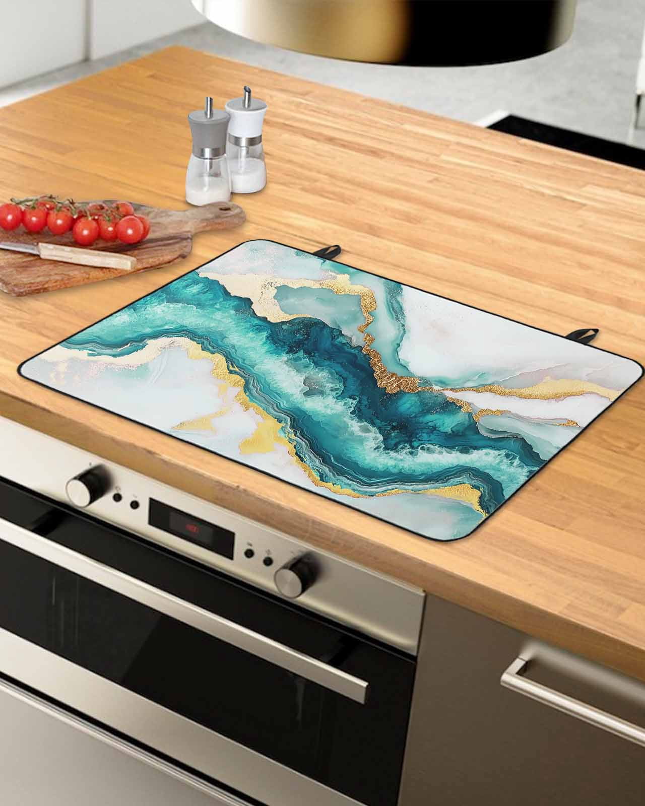 nqOlkjepod Large Induction Cooktop Protector Mat 36"x21", Abstract Marble Stove Top Covers for Electric Stove, Turquoise Abstract Golden Foil Texture Stove Burner Cover Mats, Glass Top Stove Cover