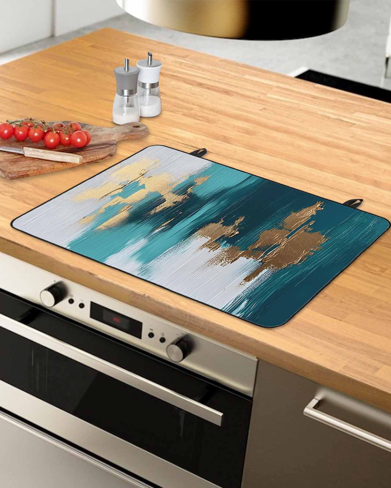 nqOlkjepod Large Induction Cooktop Protector Mat 36"x21", Abstract Teal Green Stove Top Covers for Electric Stove, White Gold Textured Art Decorative Stove Burner Cover Mats, Glass Top Stove Cover