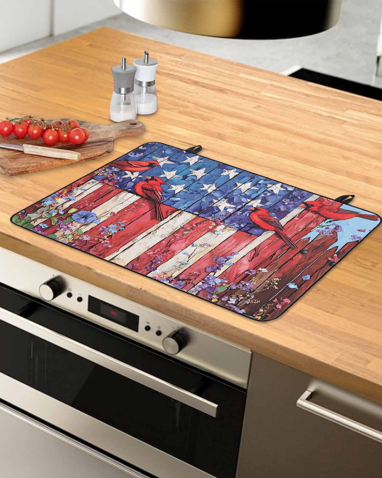 nqOlkjepod Large Induction Cooktop Protector Mat 36"x21", American Flag Stove Top Covers for Electric Stove, Red Blue Star Stripe Patriotic Floral Bird Stove Burner Cover Mats, Glass Top Stove Cover