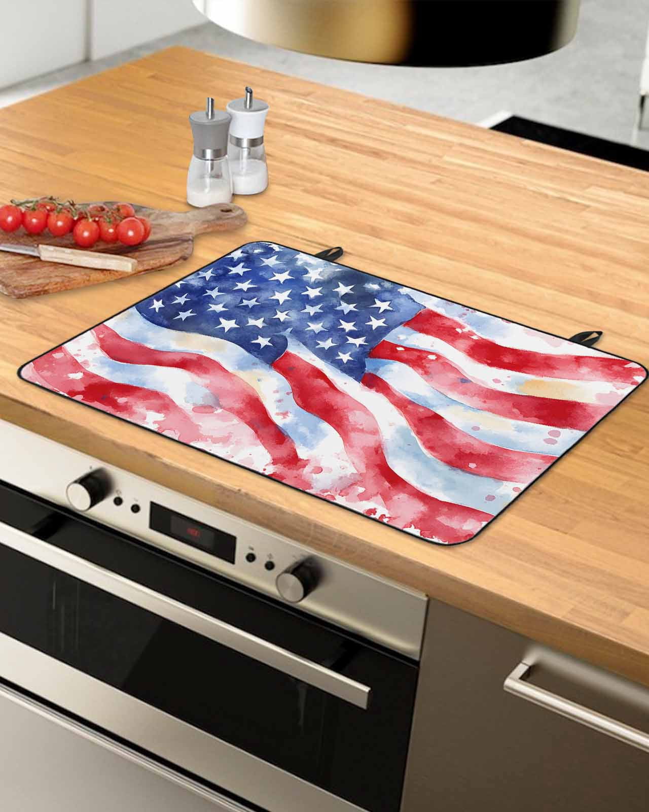 nqOlkjepod Large Induction Cooktop Protector Mat 36"x21", American Flag Stove Top Covers for Electric Stove, Watercolor Farmhouse USA Flag Decorative Stove Burner Cover Mats, Glass Top Stove Cover