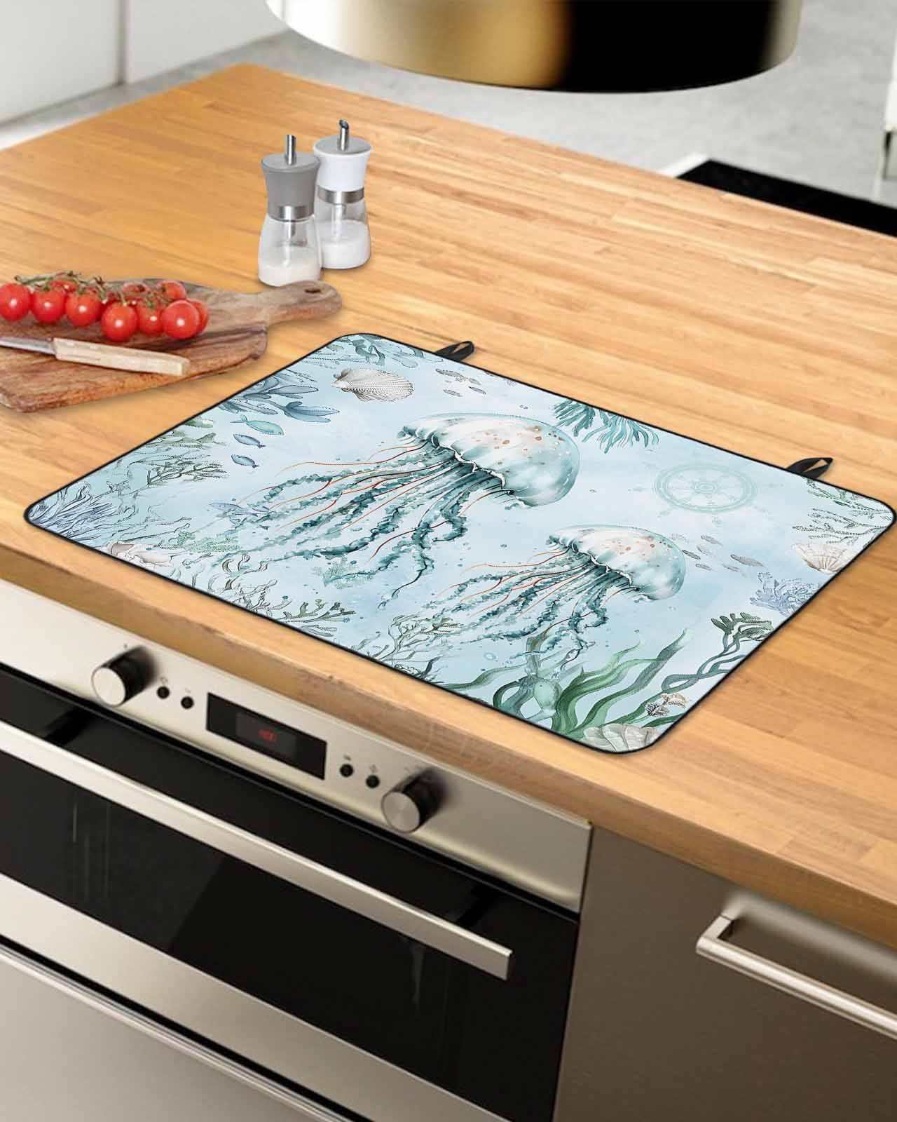 nqOlkjepod Large Induction Cooktop Protector Mat 36"x21", Aqua Jellyfish Stove Top Covers for Electric Stove, Coastal Nautical Ocean Shells Seaweed Stove Burner Cover Mats, Glass Top Stove Cover