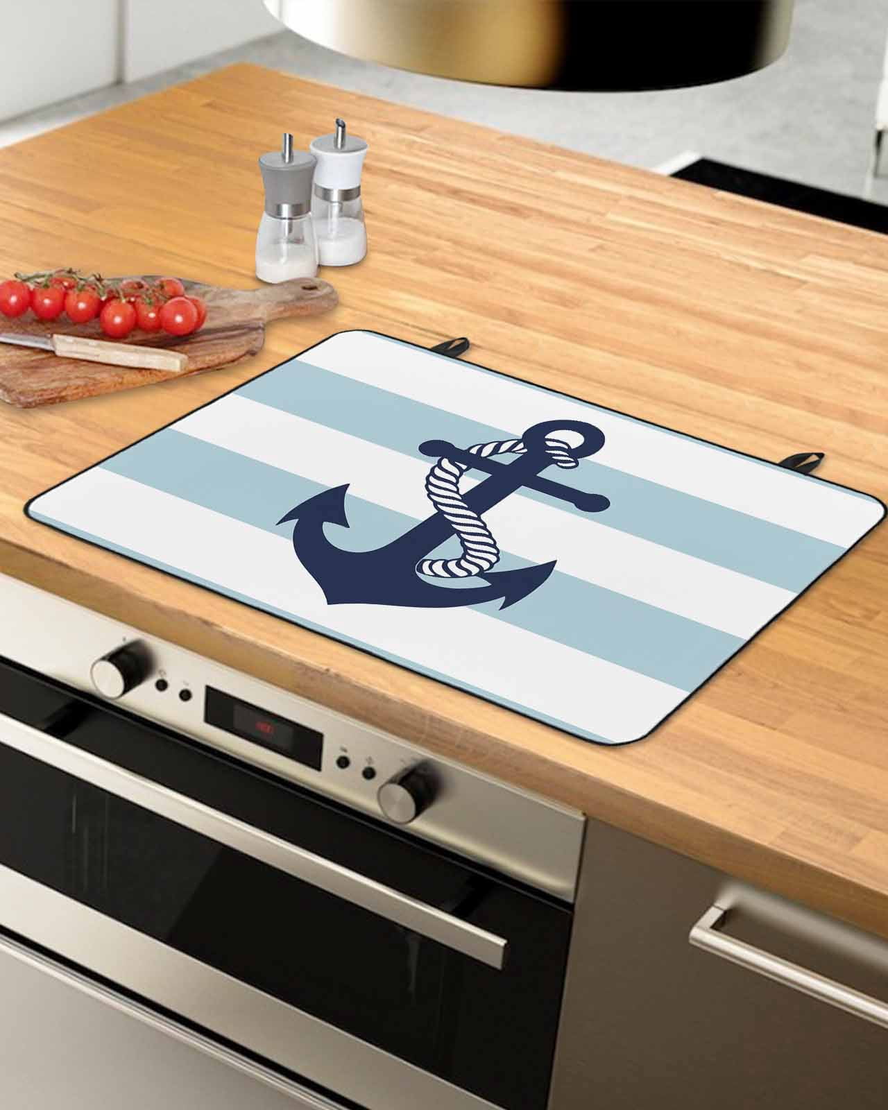nqOlkjepod Large Induction Cooktop Protector Mat 36"x21", Aqua Stripe Nautical Stove Top Covers for Electric Stove, Navy Blue Anchor Summer Coastal Stove Burner Cover Mats, Glass Top Stove Cover