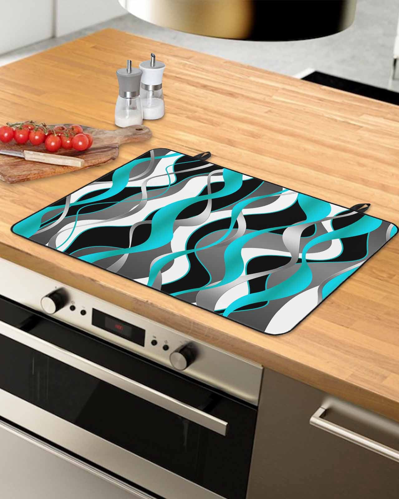 nqOlkjepod Large Induction Cooktop Protector Mat 36"x21", Aqua Stripe Stove Top Covers for Electric Stove, Ombre Grey Moire Geometric Modern Abstract Stove Burner Cover Mats, Glass Top Stove Cover