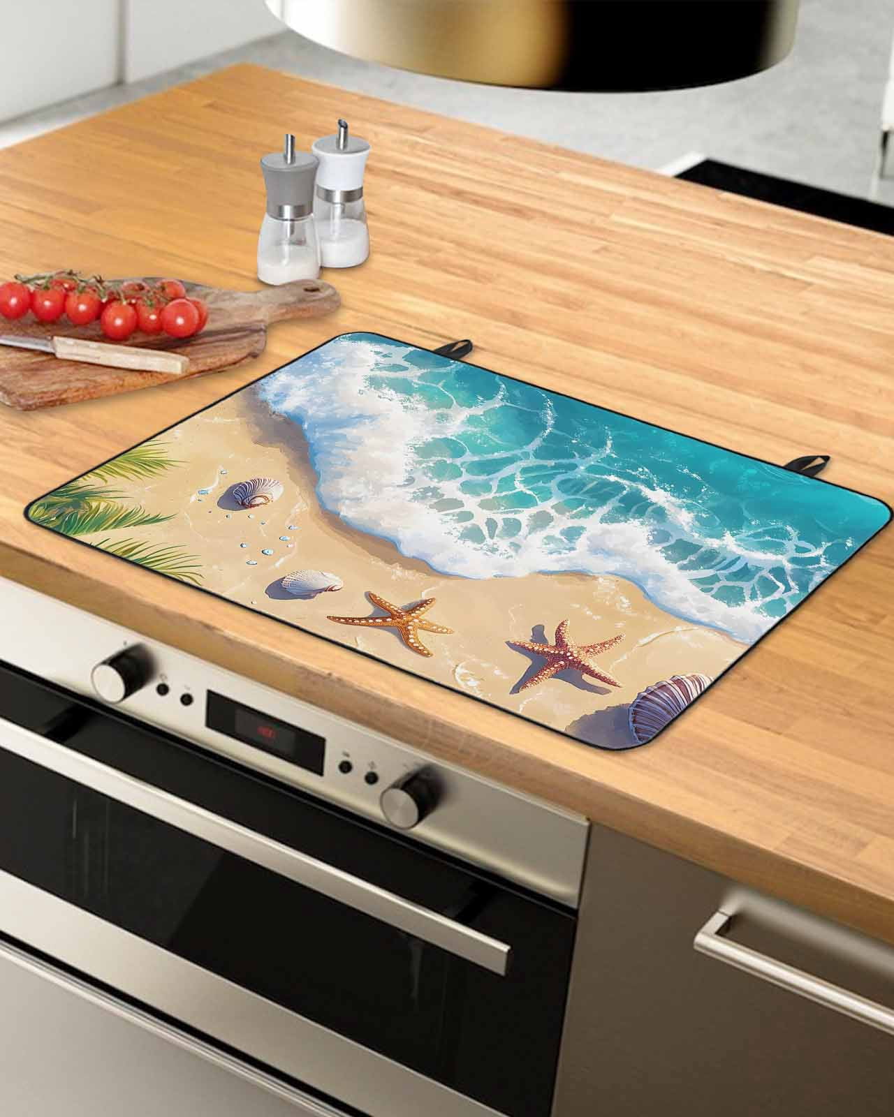 nqOlkjepod Large Induction Cooktop Protector Mat 36"x21", Beach Coastal Stove Top Covers for Electric Stove, Aqua Summer Nautical Seaside Starfish Stove Burner Cover Mats, Glass Top Stove Cover