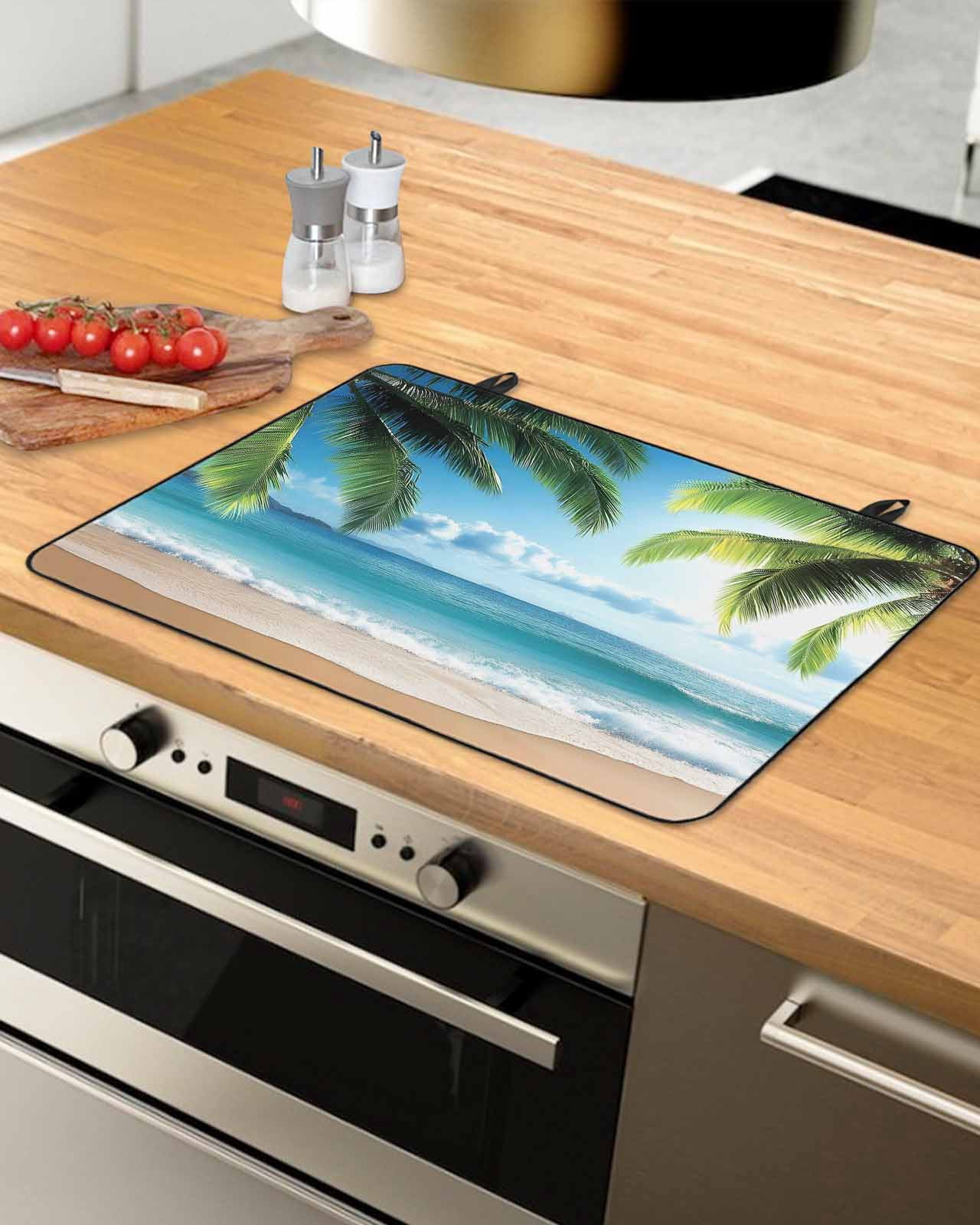 nqOlkjepod Large Induction Cooktop Protector Mat 36"x21", Beach Ocean Stove Top Covers for Electric Stove, Summer Blue Sky Botanical Tree Leaves Stove Burner Cover Mats, Glass Top Stove Cover