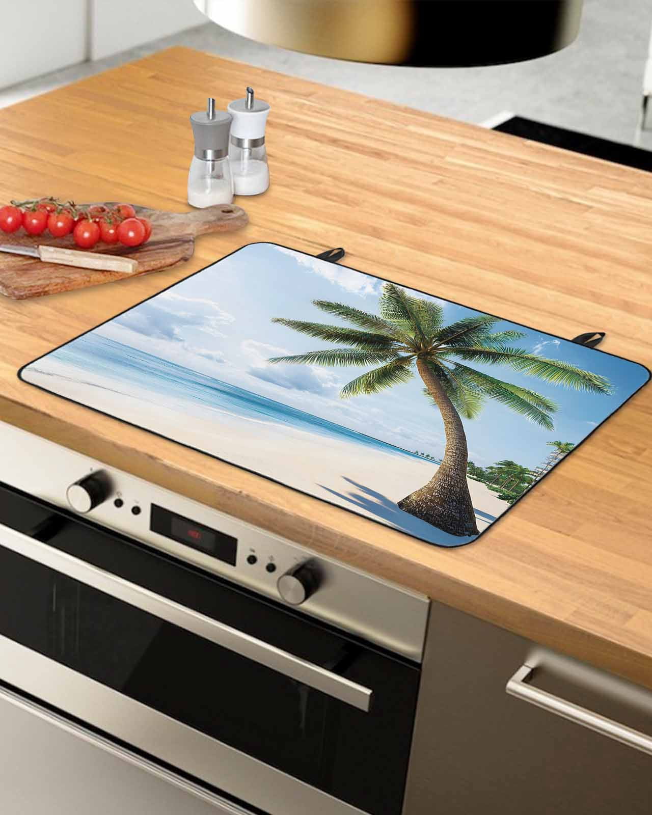nqOlkjepod Large Induction Cooktop Protector Mat 36"x21", Beach Palm Tree Stove Top Covers for Electric Stove, Ocean Coastal Sky Nature Scenery Stove Burner Cover Mats, Glass Top Stove Cover