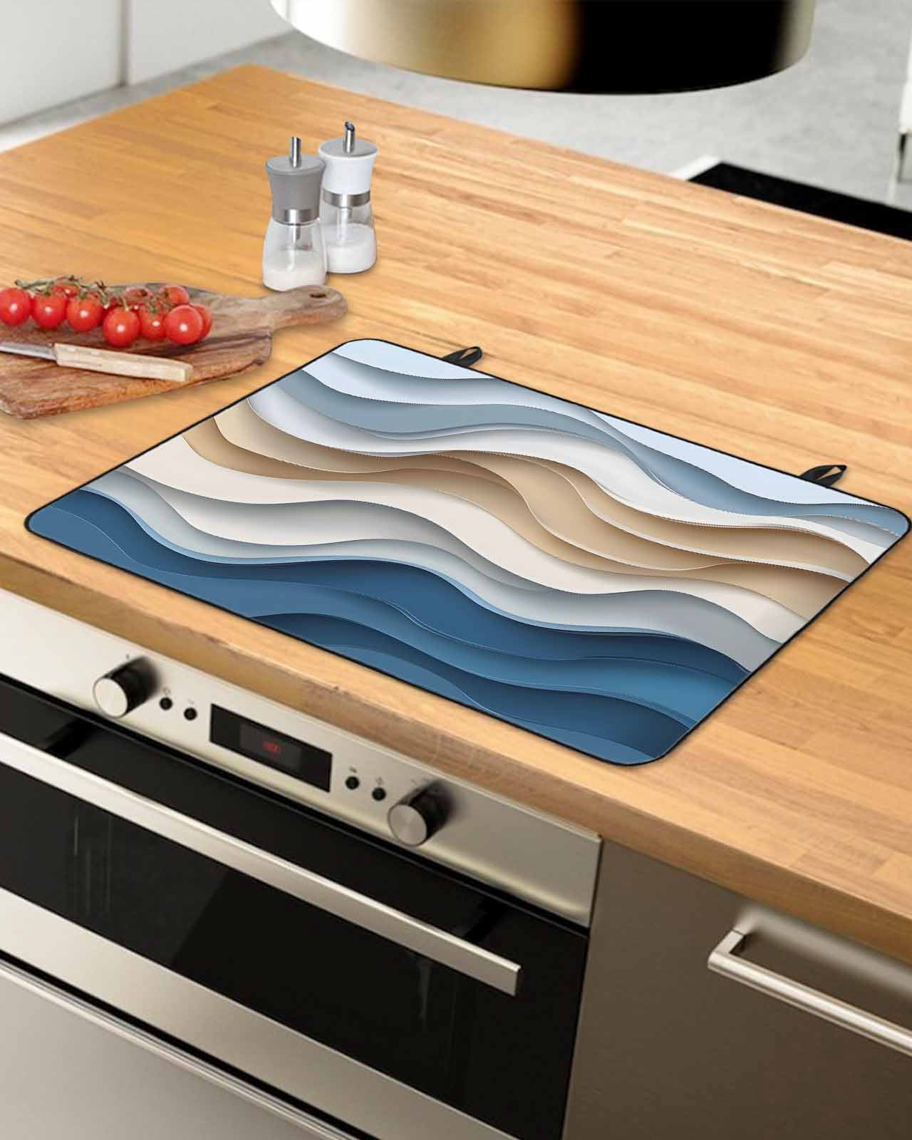 nqOlkjepod Large Induction Cooktop Protector Mat 36"x21", Beige Blue Ombre Stove Top Covers for Electric Stove, Moire Abstract Artwork Decorative Stove Burner Cover Mats, Glass Top Stove Cover