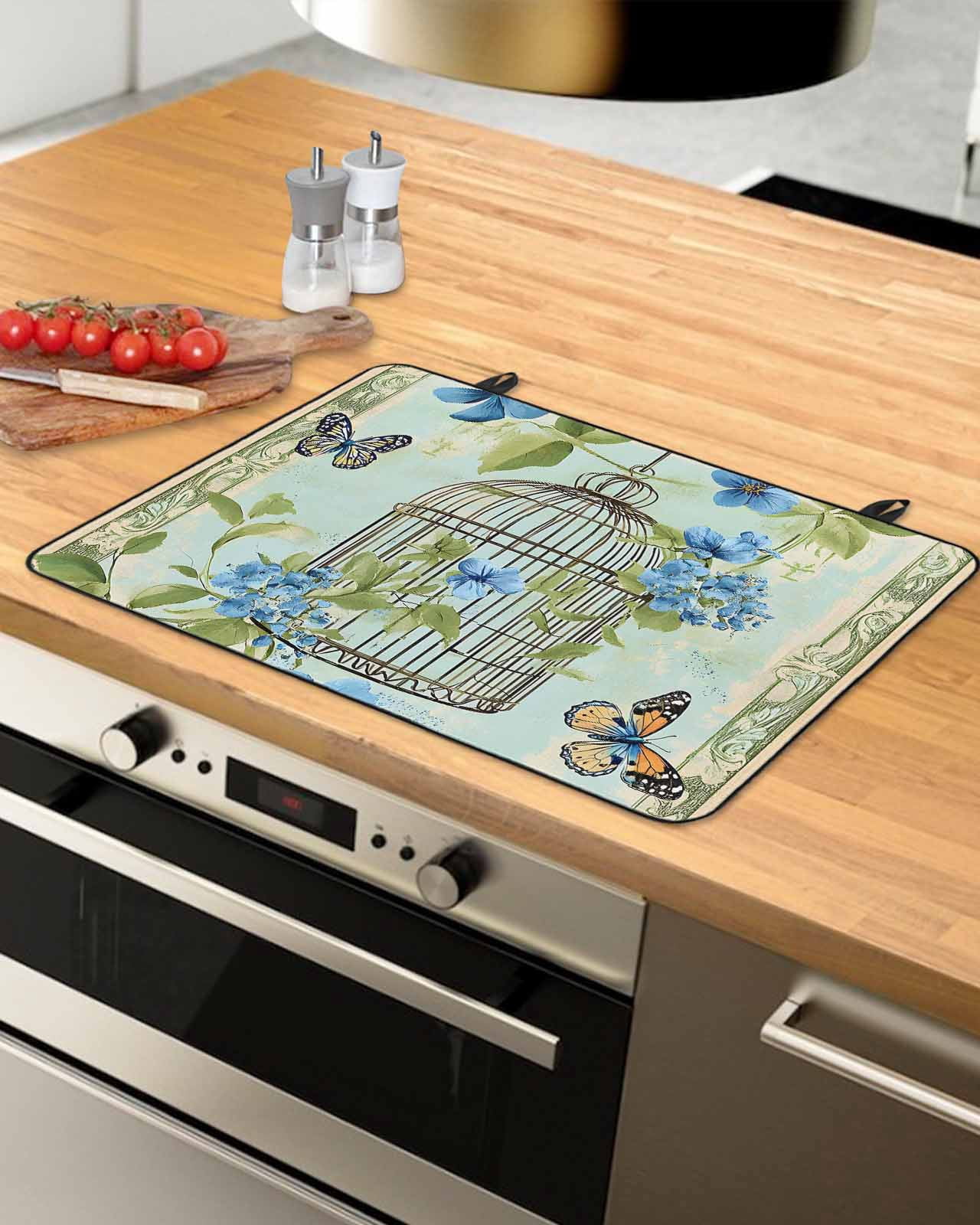 nqOlkjepod Large Induction Cooktop Protector Mat 36"x21", Birds Cage Stove Top Covers for Electric Stove, Green Botanical Blue Floral Decorative Stove Burner Cover Mats, Glass Top Stove Cover