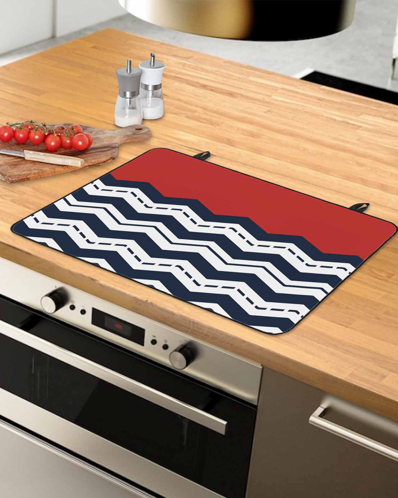 nqOlkjepod Large Induction Cooktop Protector Mat 36"x21", Black Chevron Stove Top Covers for Electric Stove, Geometric Navy Blue White Sea Wavy Striped Stove Burner Cover Mats, Glass Top Stove Cover