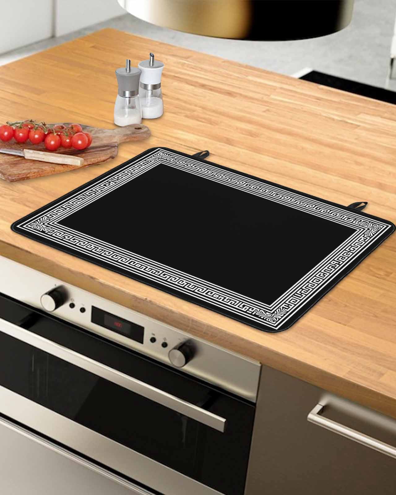 nqOlkjepod Large Induction Cooktop Protector Mat 36"x21", Black Geometric Stove Top Covers for Electric Stove, Country Farm Traditional Chinese Tile Stove Burner Cover Mats, Glass Top Stove Cover