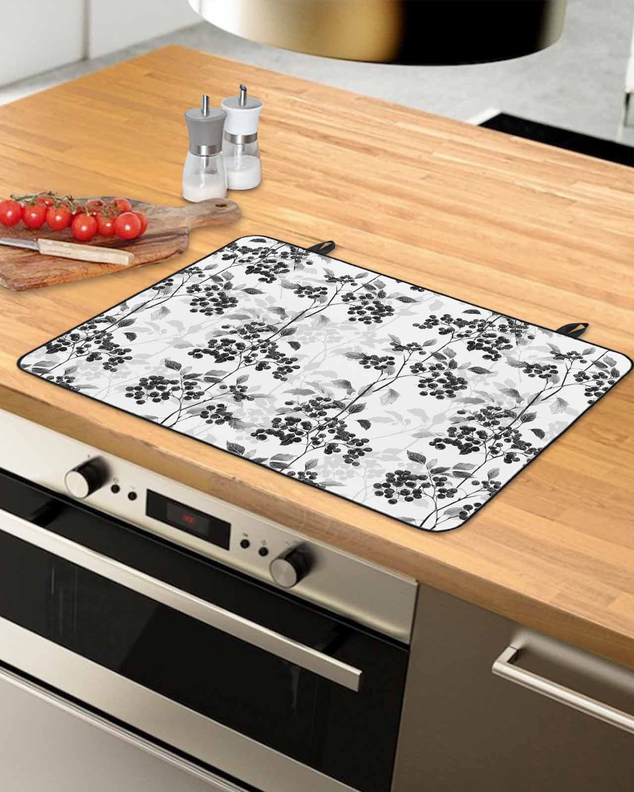 nqOlkjepod Large Induction Cooktop Protector Mat 36"x21", Black Gray Botanical Stove Top Covers for Electric Stove, Vintage Nature Flower Decorative Stove Burner Cover Mats, Glass Top Stove Cover